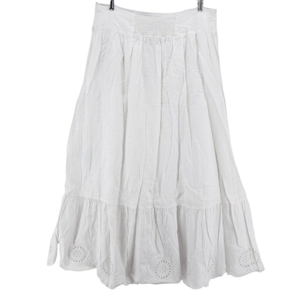 J.McLaughlin White‎ Linen Blend Eyelet Scalloped Hem Tiered Midi Skirt Large NWT - Picture 3 of 14